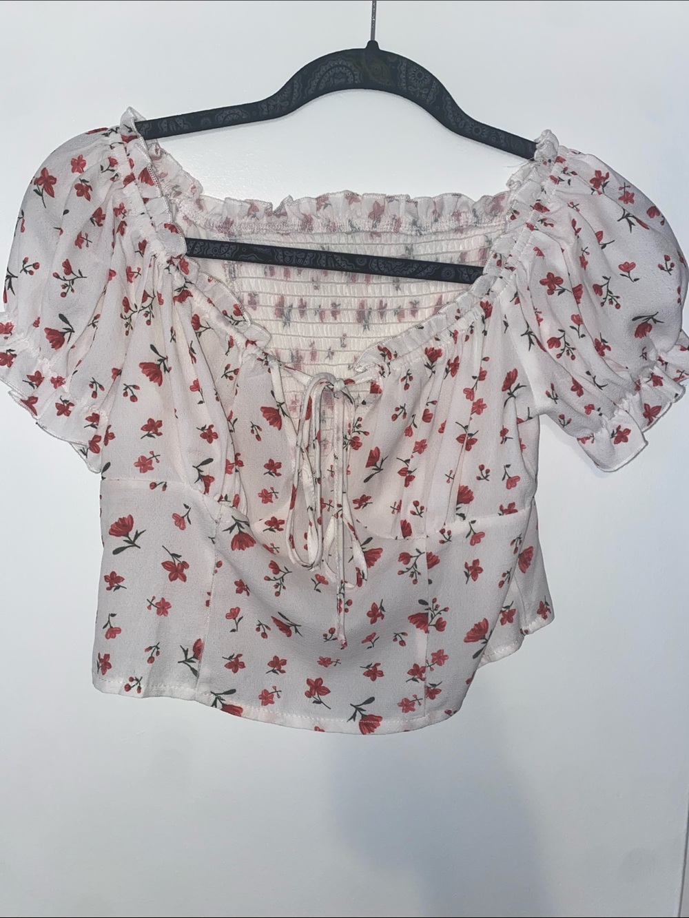 SHEIN White Crop Top with Red Floral Print and Tie Front